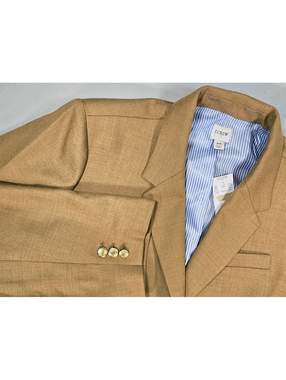 J.Crew Women’s Blazer Size 24 Camel Tan Wool Blend Gold Crest Buttons.  NWT